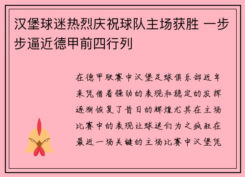 汉堡球迷热烈庆祝球队主场获胜 一步步逼近德甲前四行列