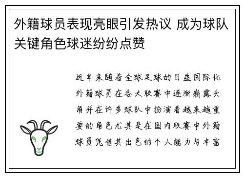 外籍球员表现亮眼引发热议 成为球队关键角色球迷纷纷点赞