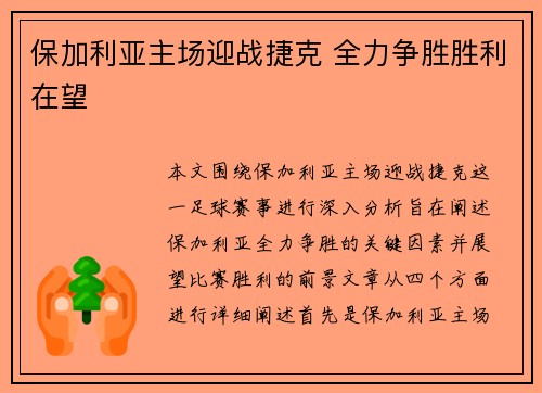 保加利亚主场迎战捷克 全力争胜胜利在望