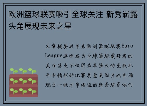 欧洲篮球联赛吸引全球关注 新秀崭露头角展现未来之星