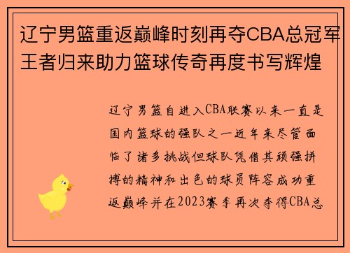 辽宁男篮重返巅峰时刻再夺CBA总冠军王者归来助力篮球传奇再度书写辉煌