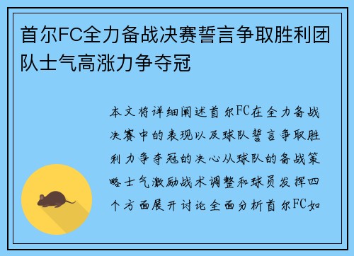 首尔FC全力备战决赛誓言争取胜利团队士气高涨力争夺冠