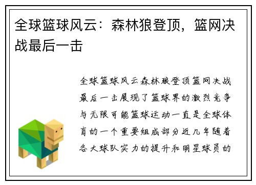 全球篮球风云：森林狼登顶，篮网决战最后一击