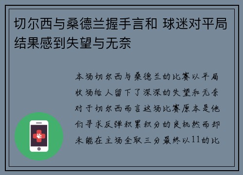 切尔西与桑德兰握手言和 球迷对平局结果感到失望与无奈